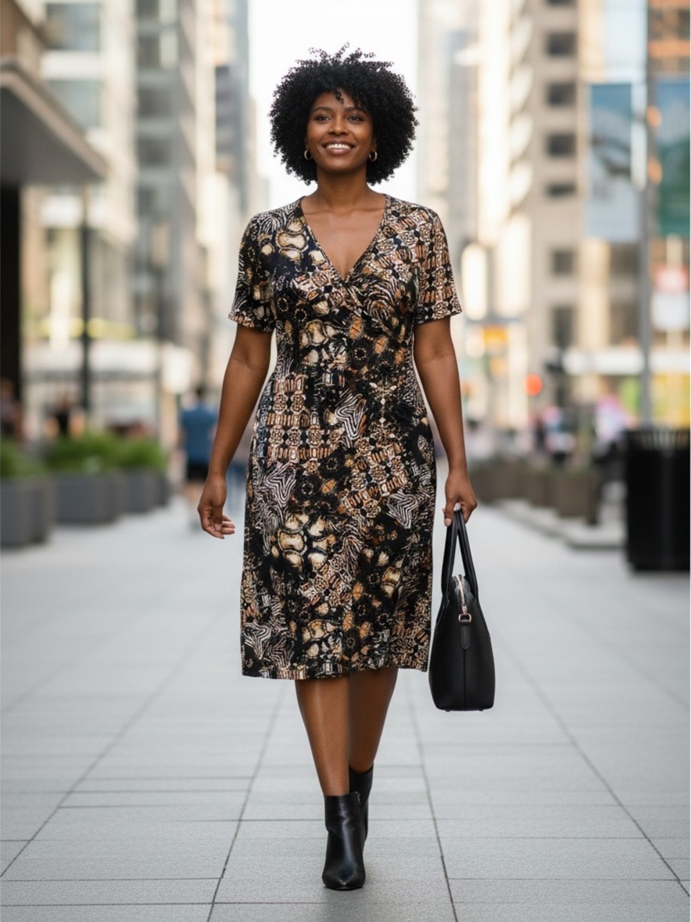 Cato 16 Dress Short Sleeve V-Neck side zip Midi Rouch Black Tan Print - Picture 9 of 9